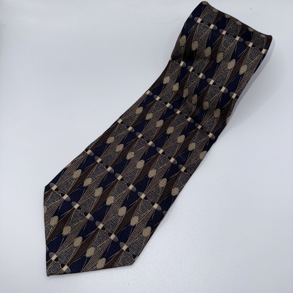 BACHRACH Necktie Men's Neutral Gray Brown Circles Pattern Business‎ Formal Silk